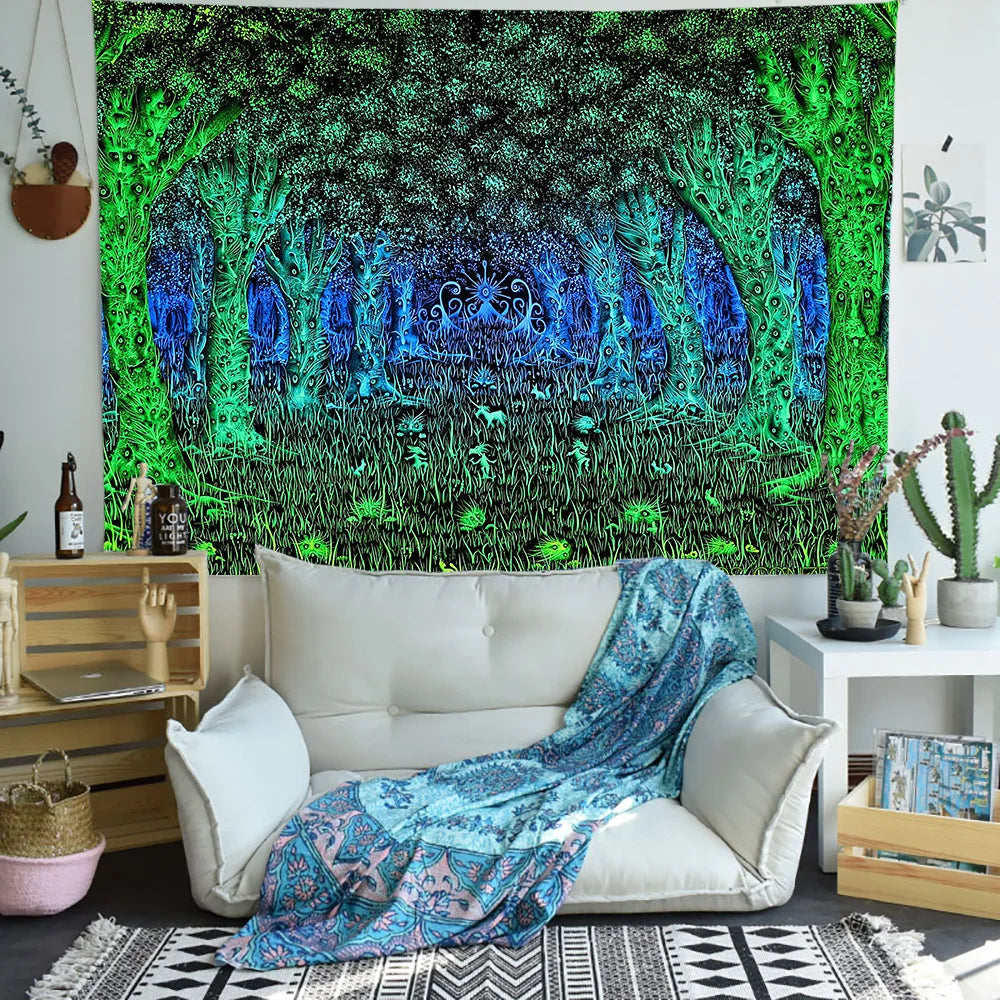 Trippy Green Tree Tapestry Amusement Park Night Scene Art Wall Hanging Tapestries Landscape Home Wall Decoration