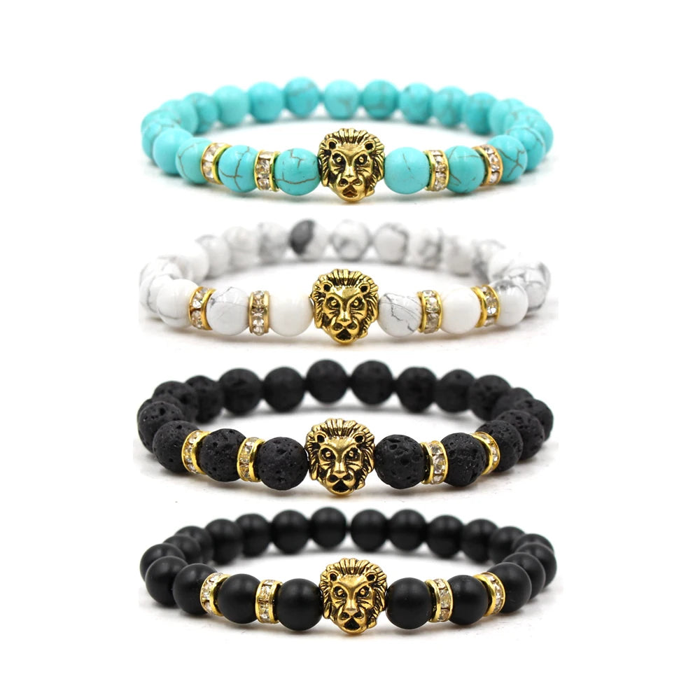 Charm Hip Hop Unisex Volcanic Bead Rock Lion Head Bangle Crystal Bracelets Silver/Gold Plated Healing Natural Stone Gift