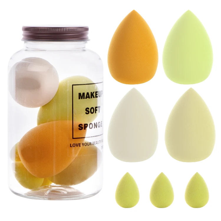 7pcs Latex Free Makeup Blender Facial Sponge Puff Egg Set With Jar for Dry Wet Use