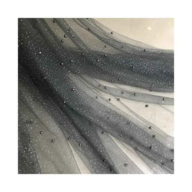 Tela De Vestido De Cuentas De Tul Polyester Tulle Beading Dress Fabric Transparent Tulle with Powder Hand Beading Fabric