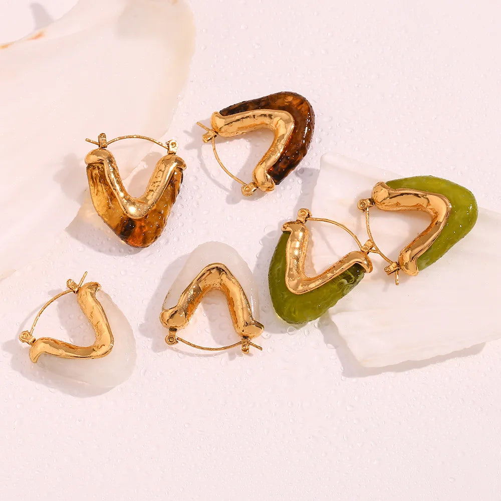 Colorful Acrylic Earring V Shape Hoop Earring 18k Gold Plated Jewelry Tarnish Free Stainless Steel Jewelry Boucles D'oreilles