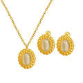 Stainless Steel Royal Gemstone Jewelry Girls Natural White Cat Eye Stone Oval Pendant Charm Necklace Earrings Jewelry Sets