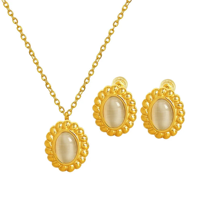 Stainless Steel Royal Gemstone Jewelry Girls Natural White Cat Eye Stone Oval Pendant Charm Necklace Earrings Jewelry Sets