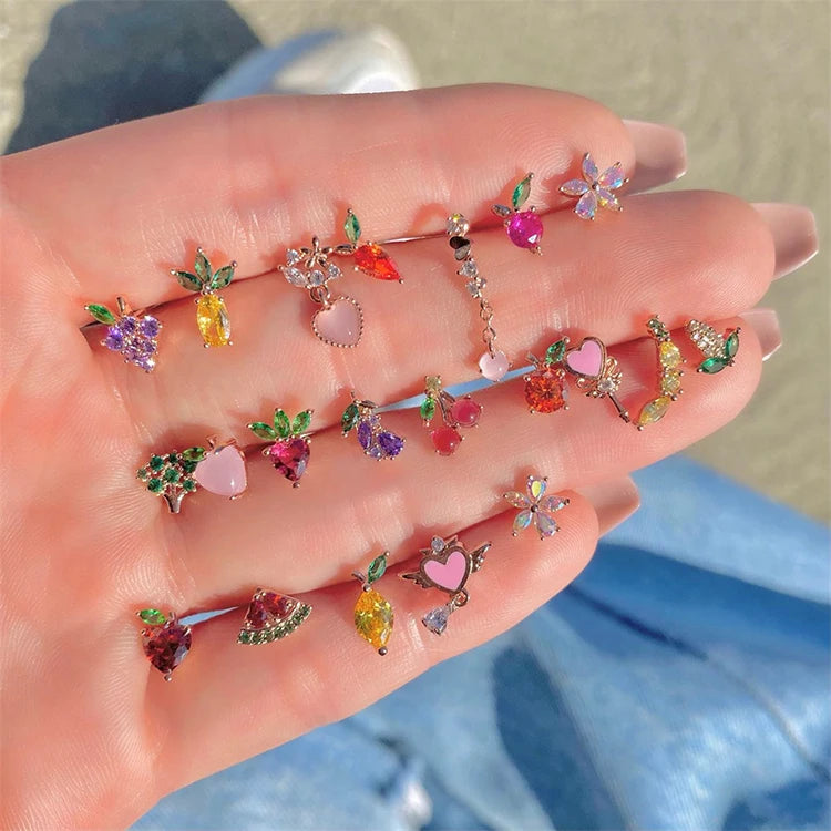 Wholesale New 18K Gold Plated Earrings European American Colors Zircon Earrings Cute Fruit Vegetable Earrings for Women