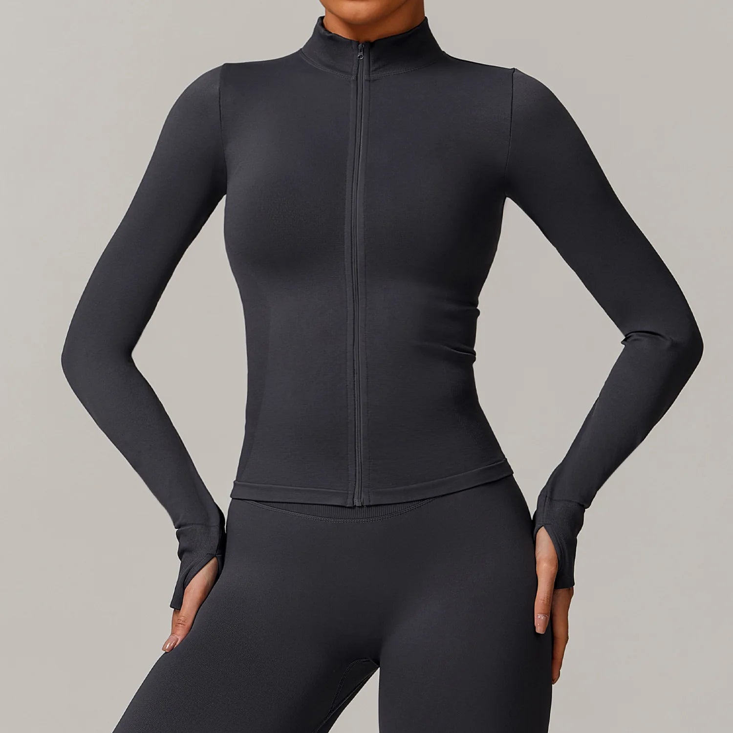 Women's Zipper Sports Running Jacket Breathable Windproof Slim-Fit Warm Top with Vertical Collar Front Seamless Yoga Plus Size