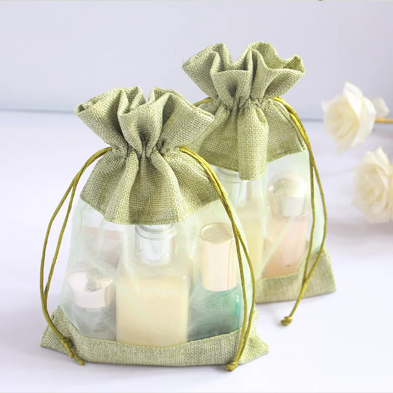 Multi Colors Drawstring Jute Linen Deodorizing Bags Hanging Burlap Spice Sachet Pouches with Organza Window