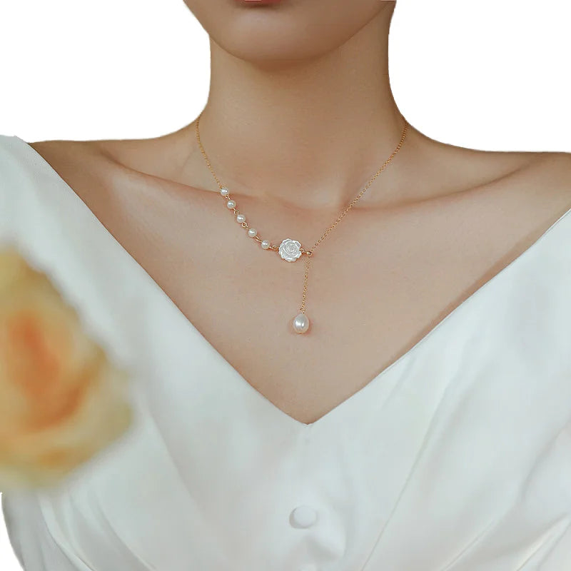 Elegant Jewelry Mother of Pearl White Rose Gold Freshwater Pearl Drop Pendant Gold Plated Necklace Jewelry for Women