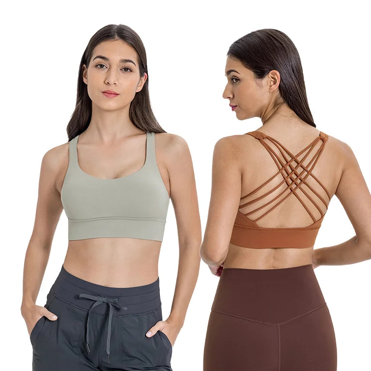 Outdoor Sports Bra with Quick Drying Breathable Material Back Hollow Cross Thin Straps Yoga Fitness Bra with Removable Chest Pad