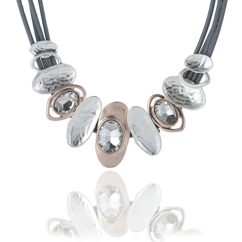 Stylish Glass Crystal Bib Irregular Metal Choker Collar Leather Cord  Women Statement Jewelry Necklace