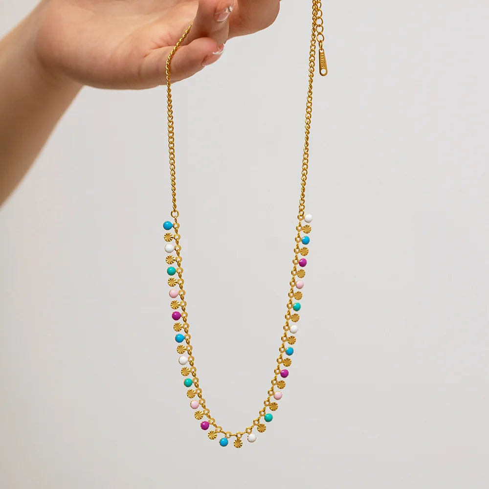 Tarnish Free Summer Beach Jewelry 18K Gold Plated Stainless Steel Boho Rainbow Enamel Beaded Necklace