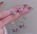 Fashion and Temperament Purple Butterfly Earrings Long Layers Tassel Rhinestone Drop Earrings for Women