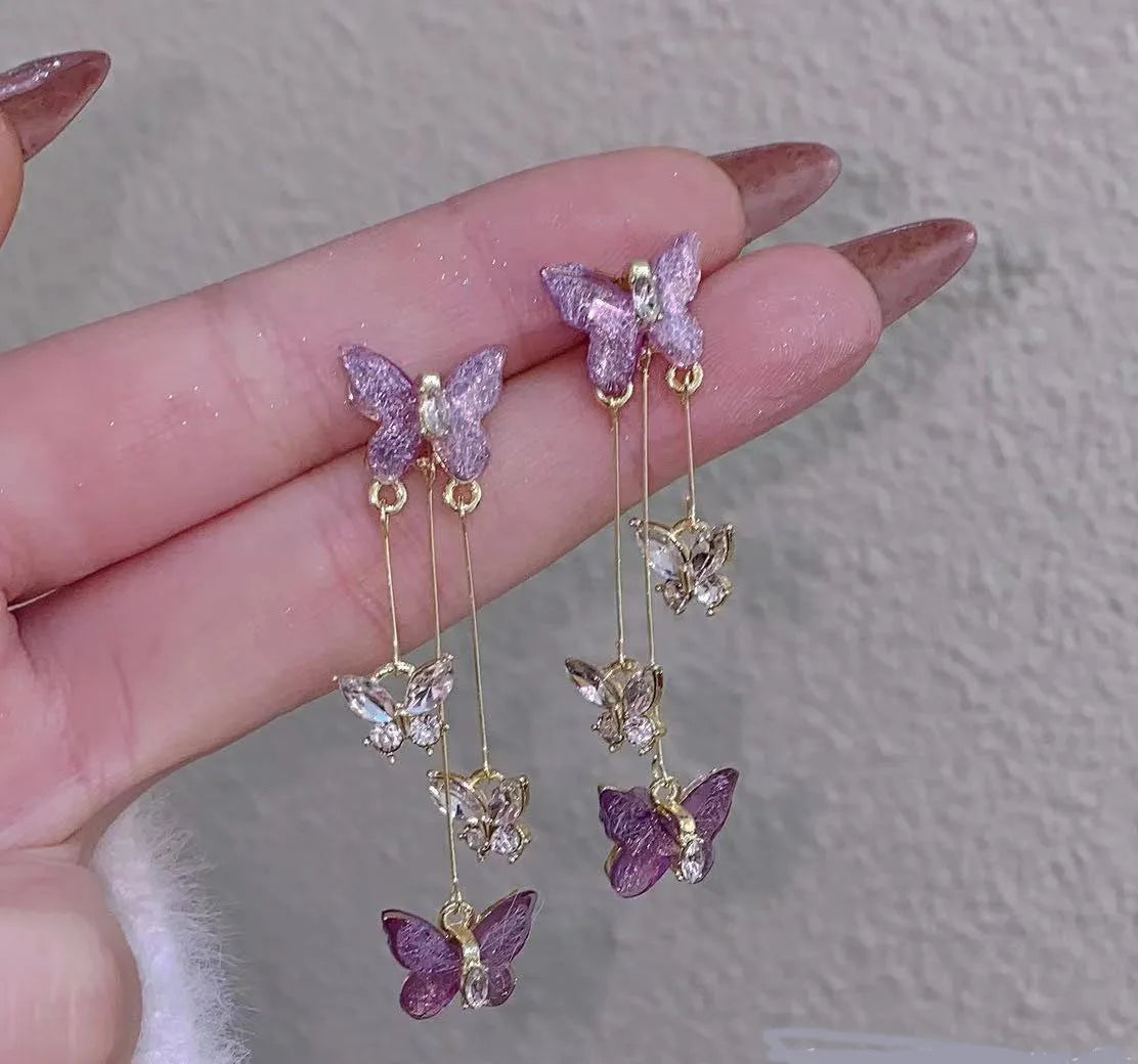 Fashion and Temperament Purple Butterfly Earrings Long Layers Tassel Rhinestone Drop Earrings for Women