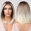Wholesale Ombre Brown Platinum Blonde Short Straight Lace Synthetic Wigs with T Part Lace Hair Wig