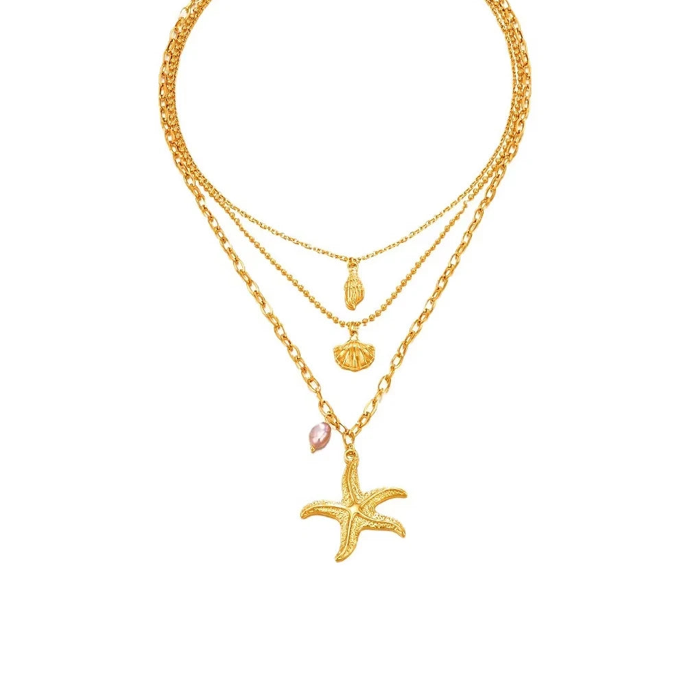 Fashion Stainless Steel  Layered Necklace 18K Gold Plated Star Shell Conch Pendant Stainless Steel Pendant Necklace