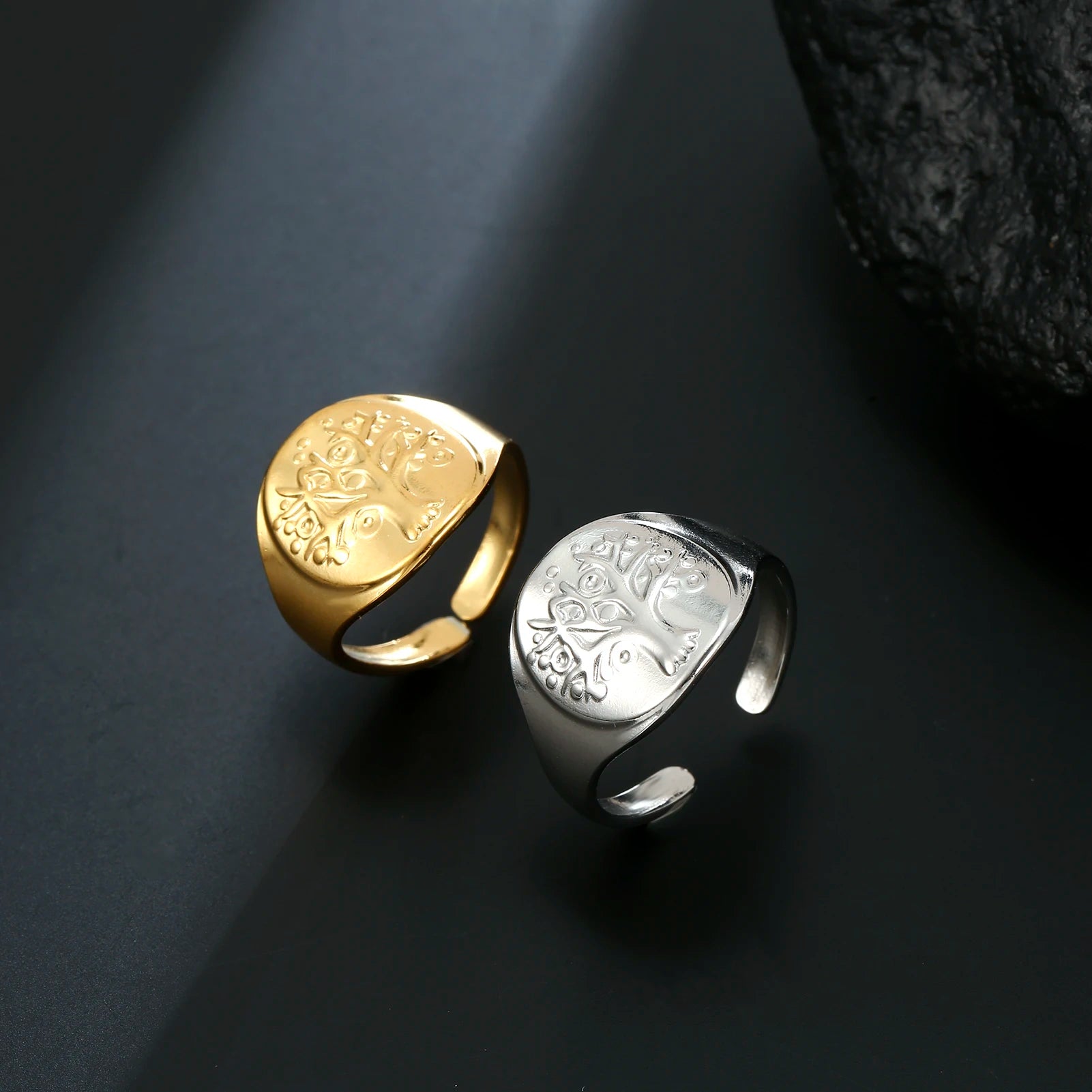 Myshape Stainless Steel Tree of Life Ring Gold Color Open Finger Rings 2022 Viking Amulet Jewelry Birthday Gift for Women Men