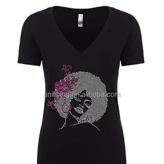 Hot-Fix Lead Free Crystal Stone Custom Fashion Afro Girl Rhinestone Flatback Heat Transfers Design Flower ISO Certified T-shirt