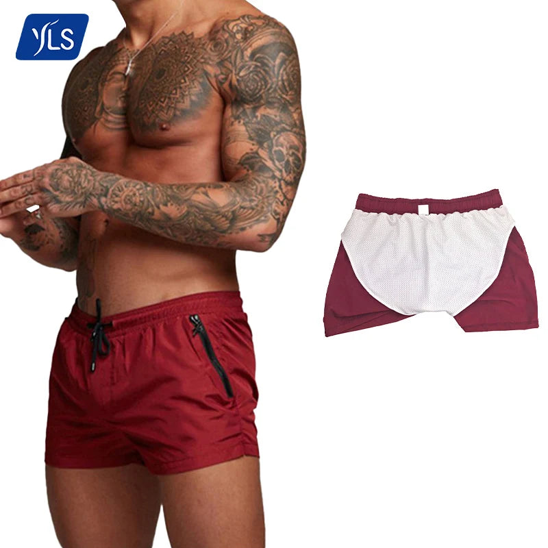 YLS Men's Eco-Friendly Workout Shorts Nylon Spandex Sportswear Joggers Mesh Lining Crossfit Shorts Zip Pocket Solid Wholesale