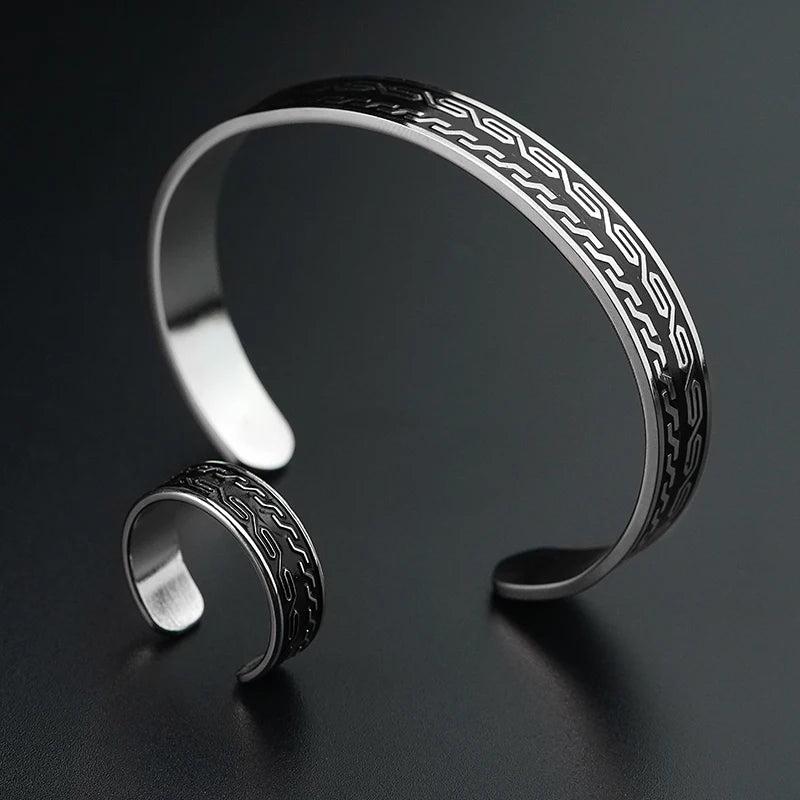 Stainless Steel Fashion Classic Half Open Simple Custom Cuff Bangle Ring Vintage Jewelry Set Custom