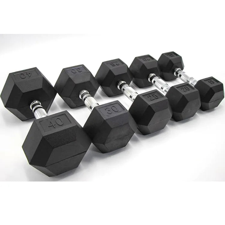 Wholesale Custom Logo Gym Weight Lifting Chrome Handle Black Rubber Cast Iron Hexagonal Dumbbell Set for Men
