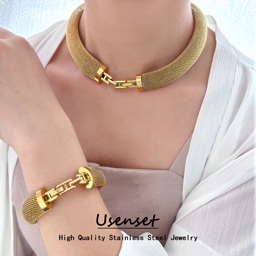 13mm 17mm Mesh Stainless Steel Jewelry Set Temperament Hollow Rope Chain Necklace Bracelet Women's Gift