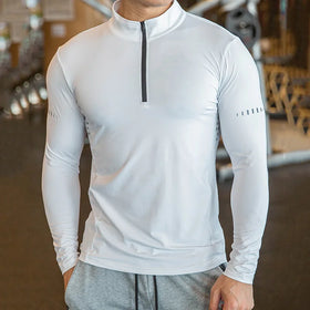 Sports Athletic Fitness Mens 1/4 Zipper Long Sleeve Stand Polo Collar Polyester Quick Dry Workout Gym Shirts for Men