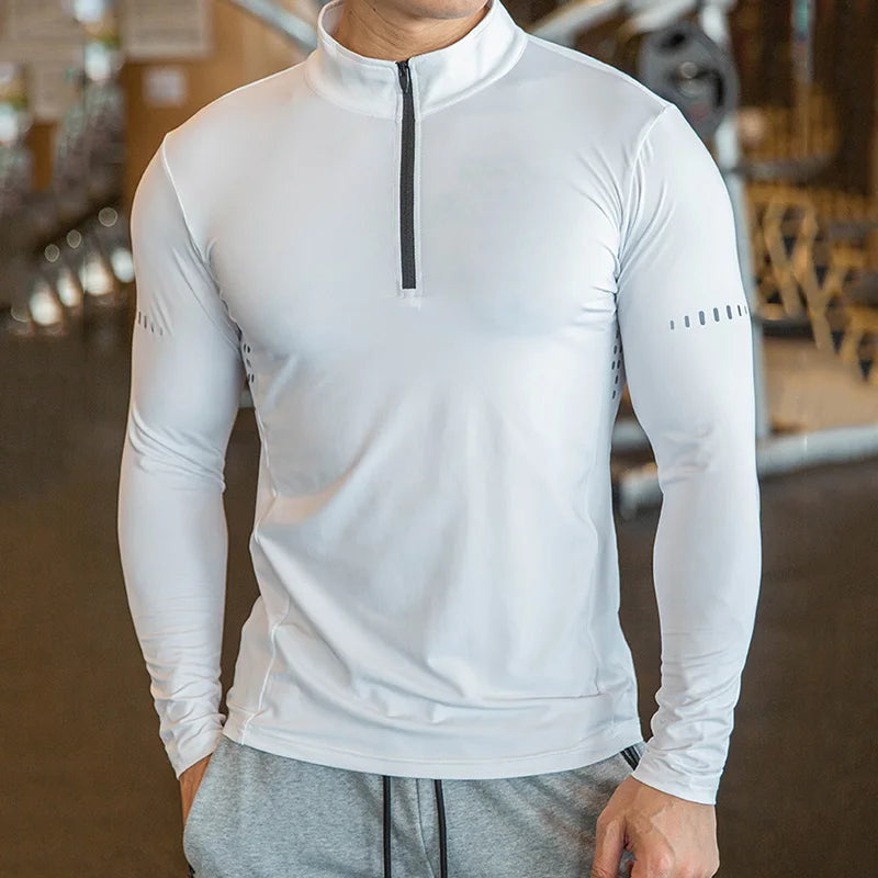Sports Athletic Fitness Mens 1/4 Zipper Long Sleeve Stand Polo Collar Polyester Quick Dry Workout Gym Shirts for Men