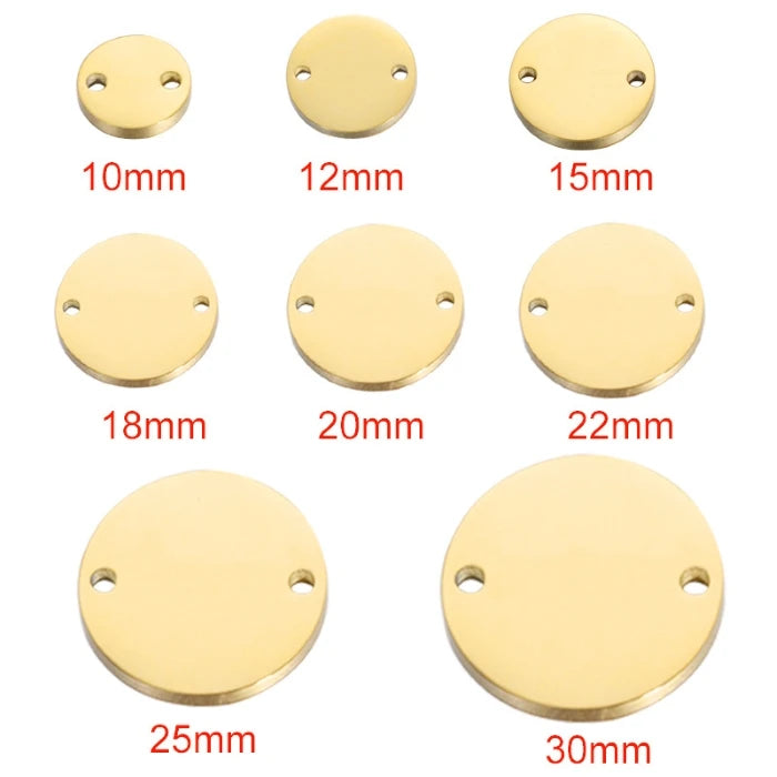 Customized 18K Gold Plated 10-30mm Circle Disc Charms Two Hole Stainless Steel Pendant Bracelet Necklace Making Supplies