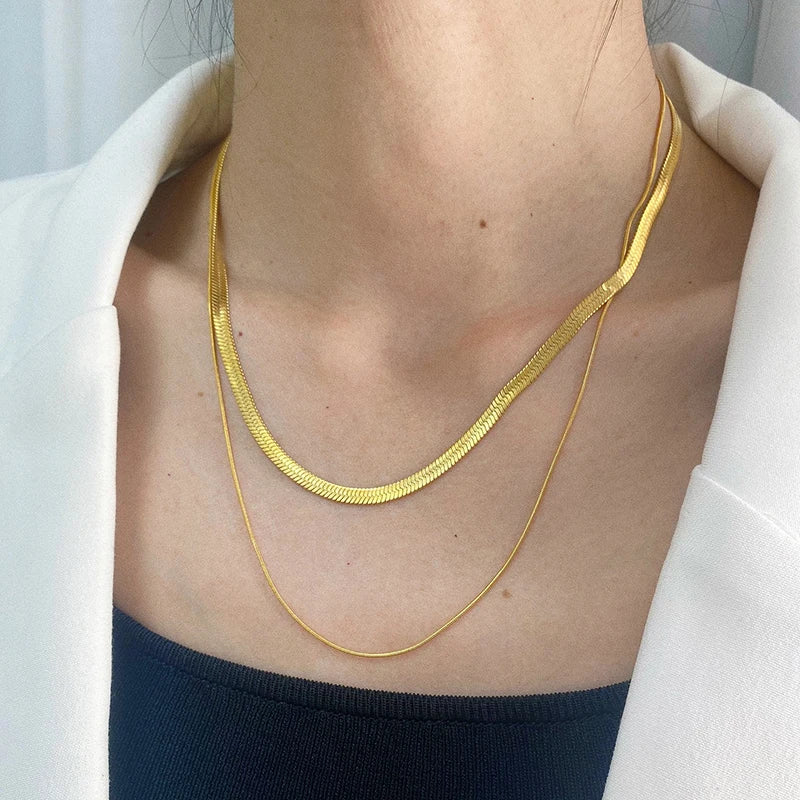 Waterproof 18K Gold Herringbone Snake Chain Layered Necklace for Women Fashion Stainless Steel Gold Plated Women Chains Necklace