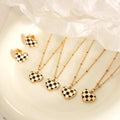 Heart Checkerboard Chain Pendant Necklace 18k Gold Plated Stainless Steel Earrings Jewelry Set Collar De Acero Inoxidable