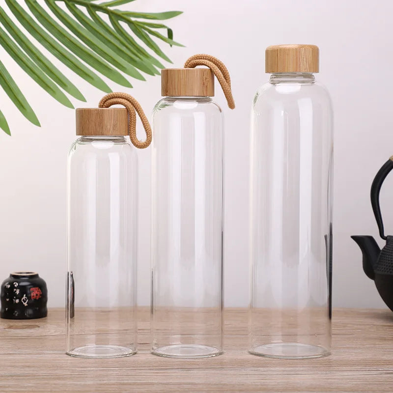 Hotsale Glass Water Bottles Portable Bamboo Lid Sports Drinking Glasses Cup Juice Tumbler Cup 500ml Glass Bottle with Bamboo Lid
