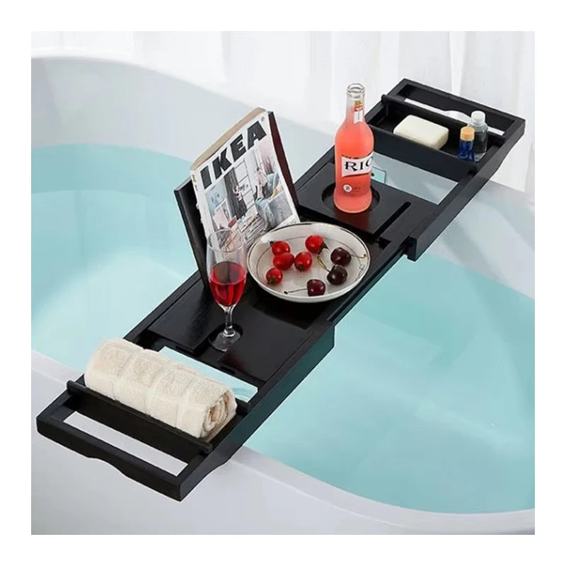 Black Bamboo Bathtub Rack Shelf Caddy Expandable Bridge Household Luxury Bathtub Tray Bath Tub Tray With Holder