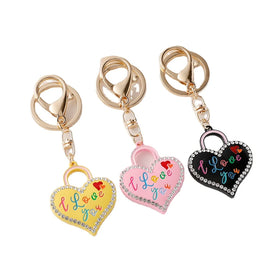 Lovely Enamel Love Heart Charm Key Chain Rhinestone Heart I Love You Initial Letter Keychain for Gift