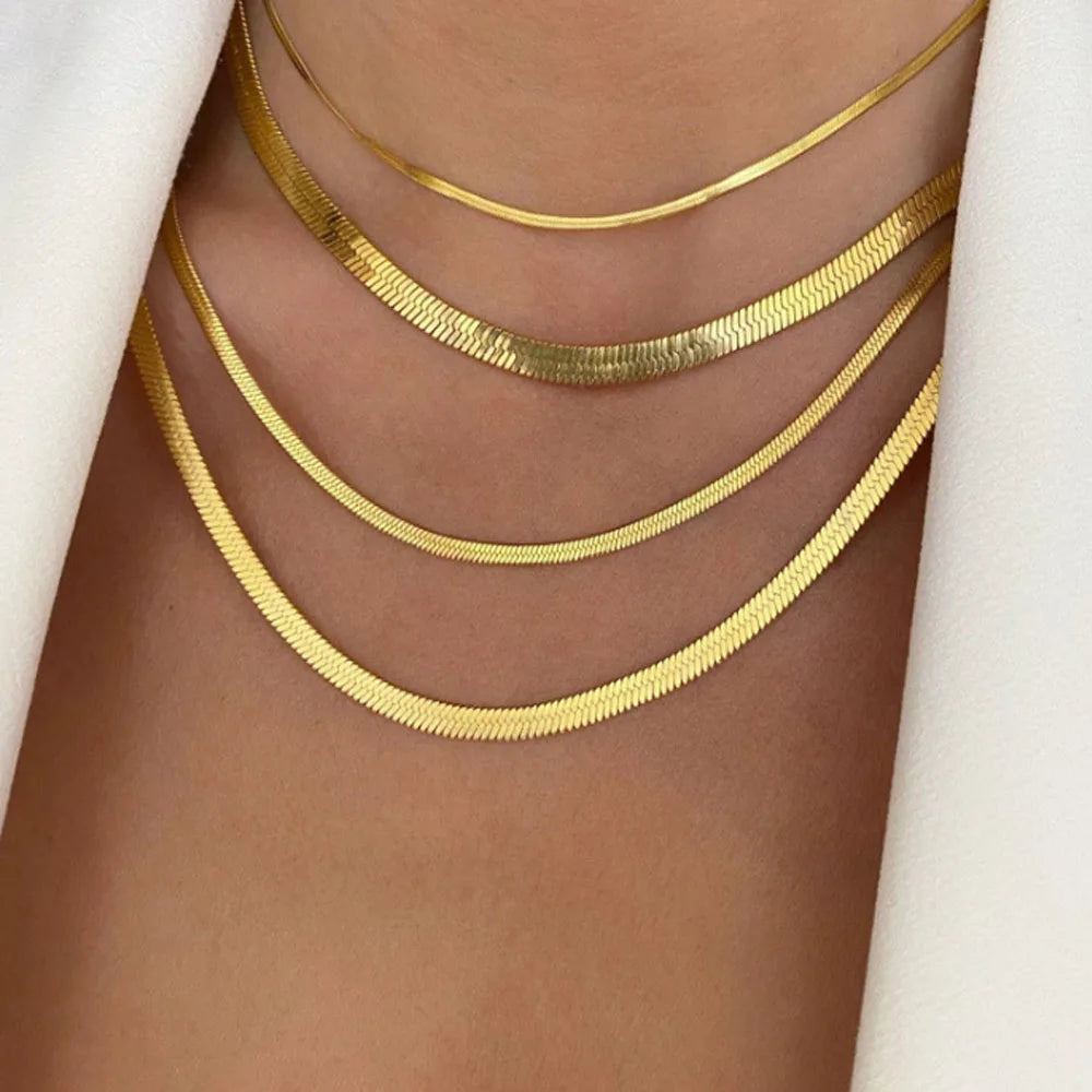 Multi Sizes Gold Plated Bohemian Fashion Stainless Steel High Polish Ladies Flat Snake Chain Necklace Party Jewelry