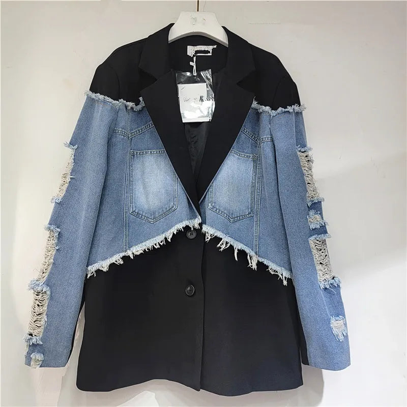 Boutique Wholesale 2026 Autumn New Fashionable Retro Splicing Suit Sensation Loose Cowboy Women's Coat