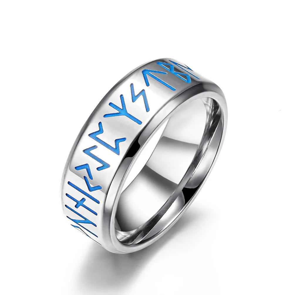 In Stock Simple European Style Men's Ring Jewelry 8MM Engraved Nordic Viking Luminous Glow Ring Stainless Steel Rings
