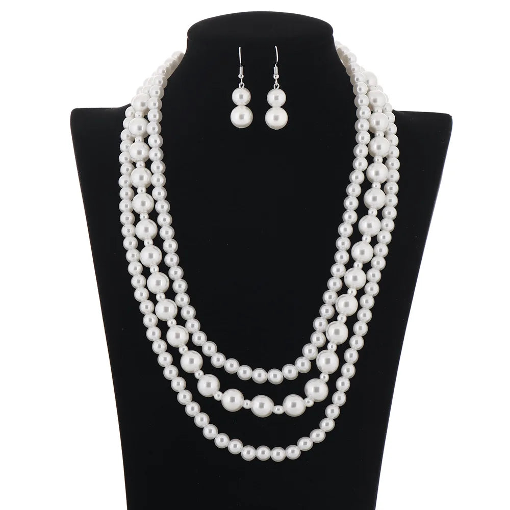 Simple Simulated Pearl Bride Wedding Jewelry Sets for Women Fashion Multilayer Long Tassel Necklace With Hook Drop Earrings Sets