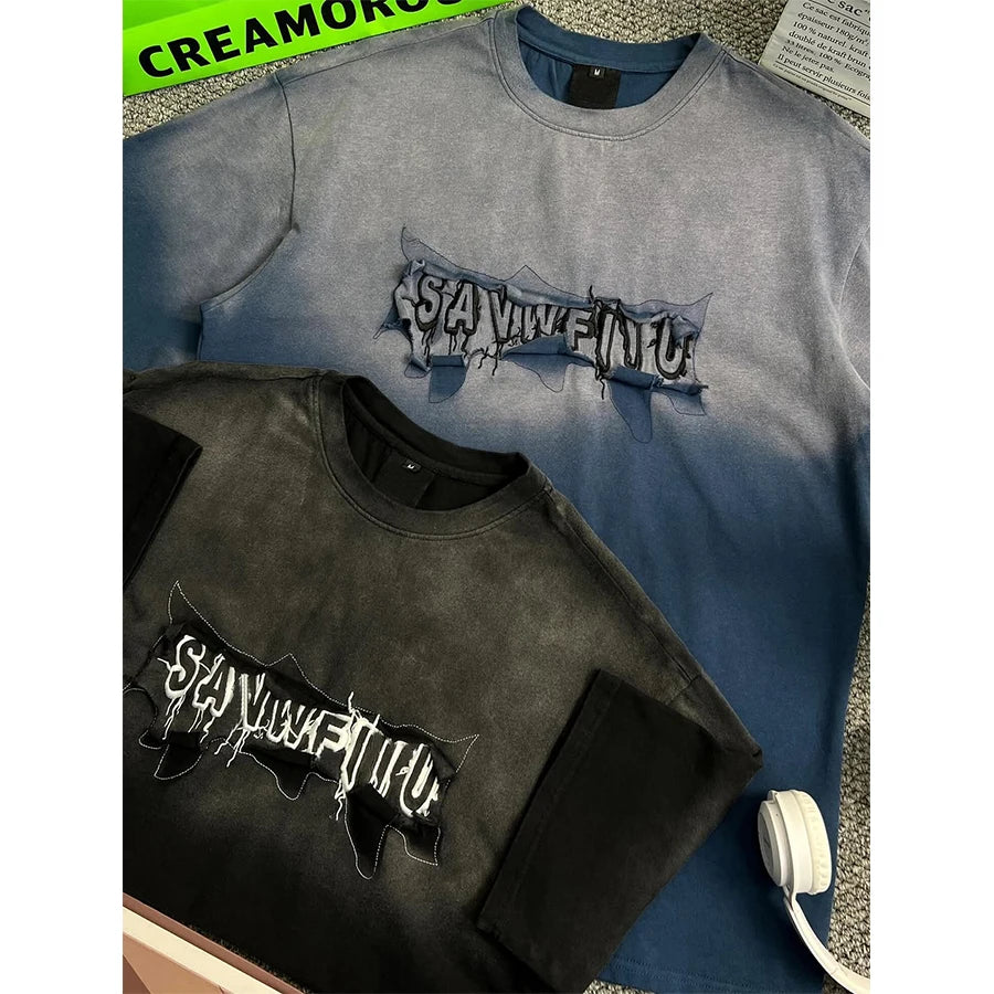 Custom logo Men's Casual Cotton T-shirt Gradient Wash Destroyed Patchwork Streetwear Embroidery Designer t Shirt for Men