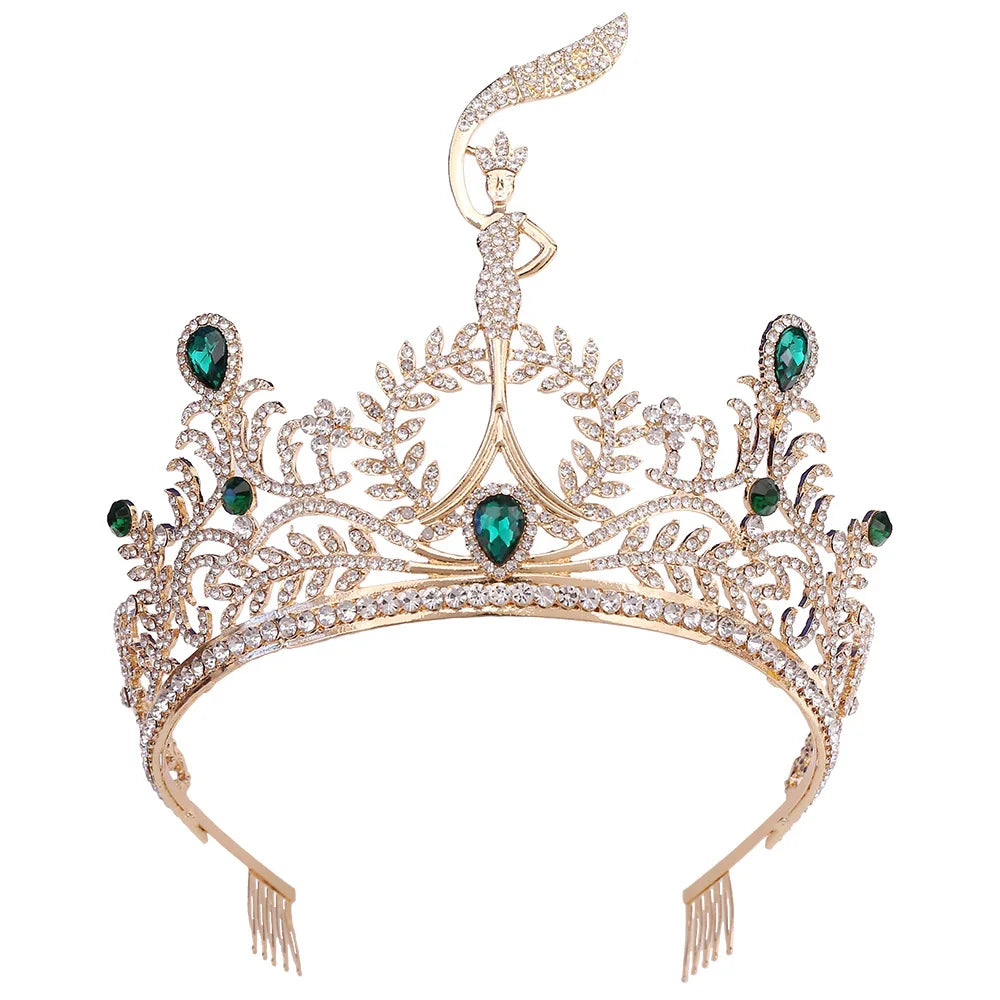 Customized Gemstones Alloy Gold Plated Large Size Miss World Beauty Pageant Queen Crown Tiara with Comb for Wedding