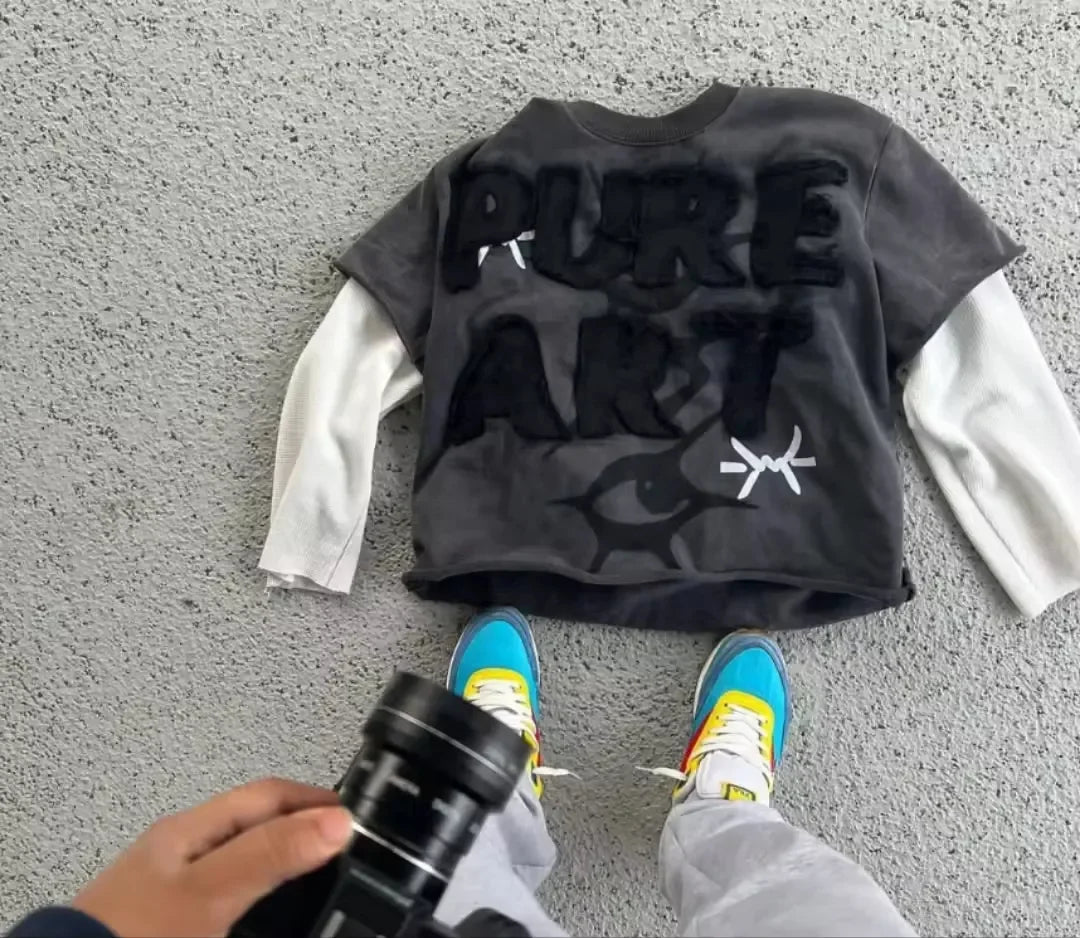 Custom Waffle Double Layer Long Sleeve T Shirt Men Acid Wash Distressed Embroidery DTG Printing Raw Hem Mens Shirts Streetwear