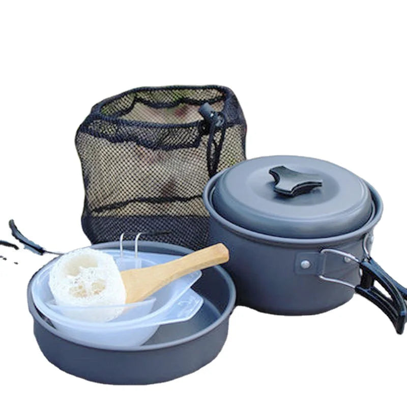 Lightweight Aluminum Frying Pan & Cooking Pot Set Portable Outdoor Camping Travel Cookware Stainless Steel Cover for Gas Cooker
