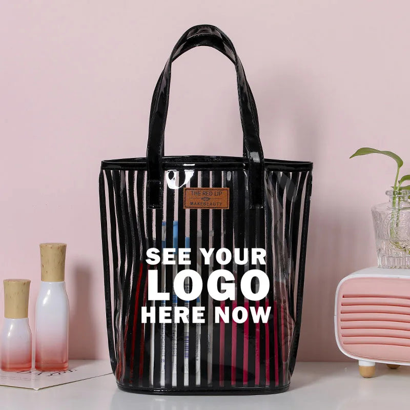 Custom Logo Pvc Striped Tote Toiletry Bag Jelly Bag Portable Large Capacity Beach Bag