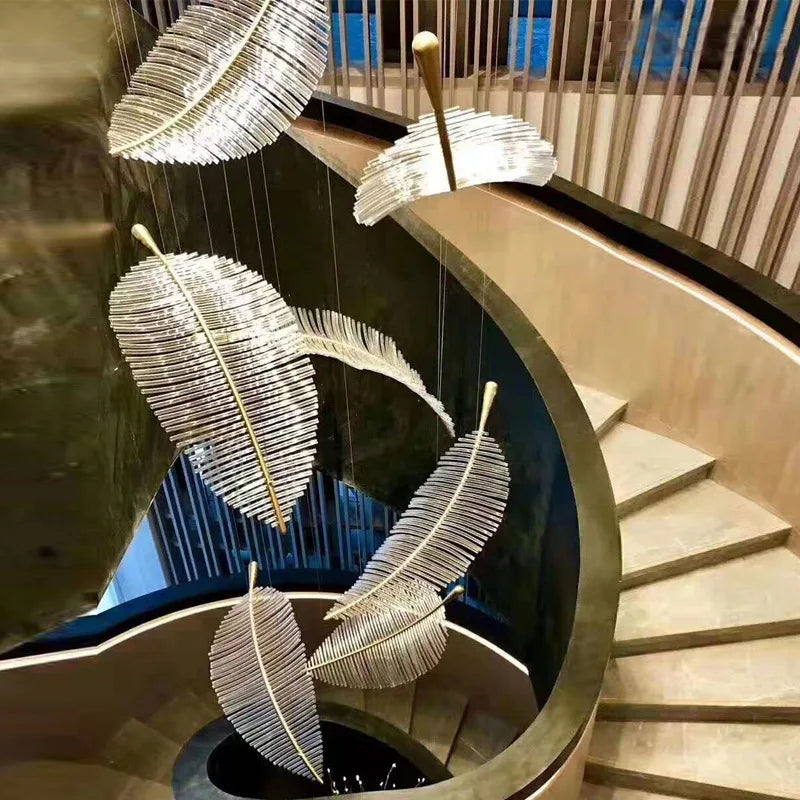 Long Staircase Hallway Ceiling Lamp Luxury Hotel Lobby Feather Hanging Lamp Chandelier Dining Room High Ceiling