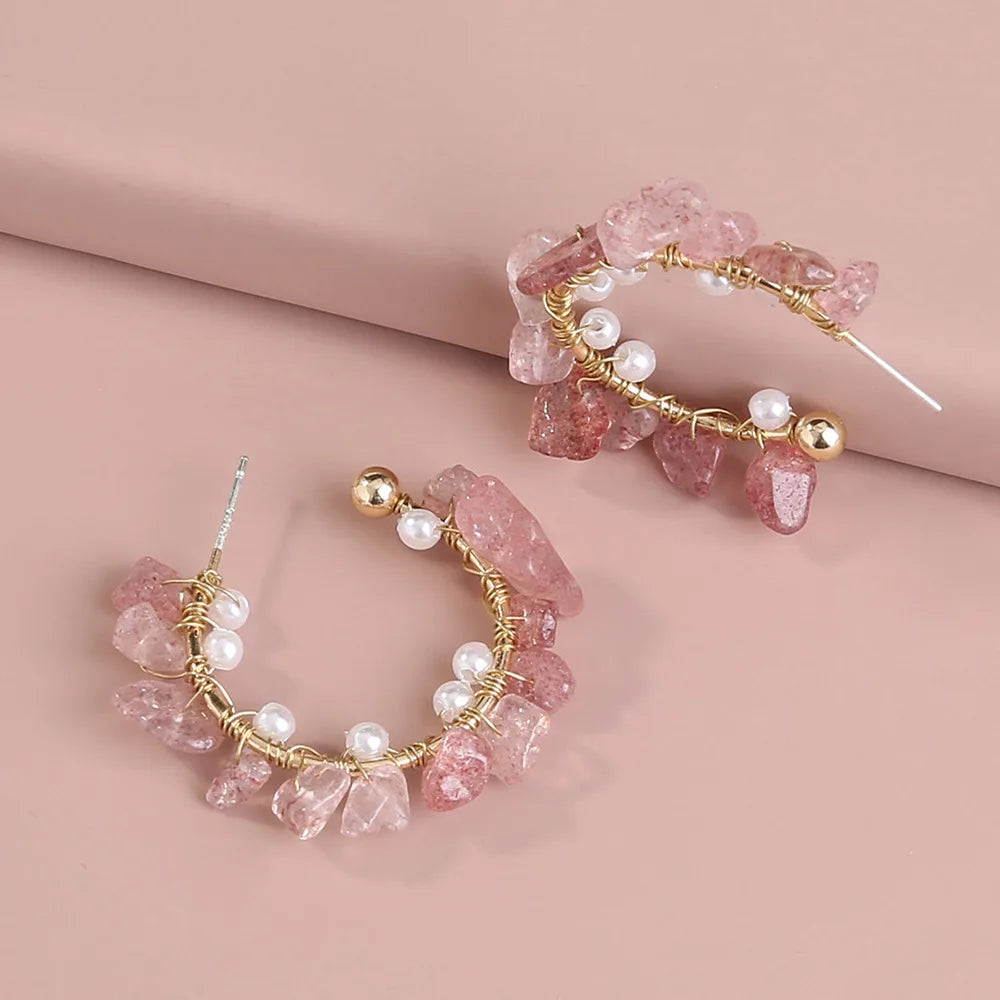 New Arrival Natural Pink Beaded Crystal Stone Pearl Hoop Earrings Sweet C Shape Irregular Quartz Crystal Earrings