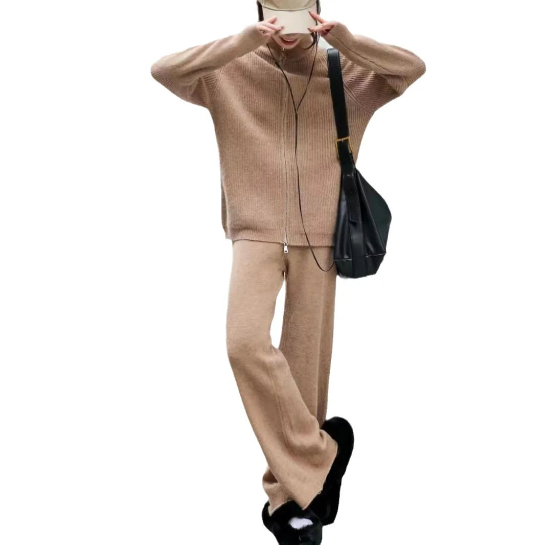 Wholesale Autumn/Winter New Double Zipper Sweater Coat High Waist Wide Leg Pants Women's Set