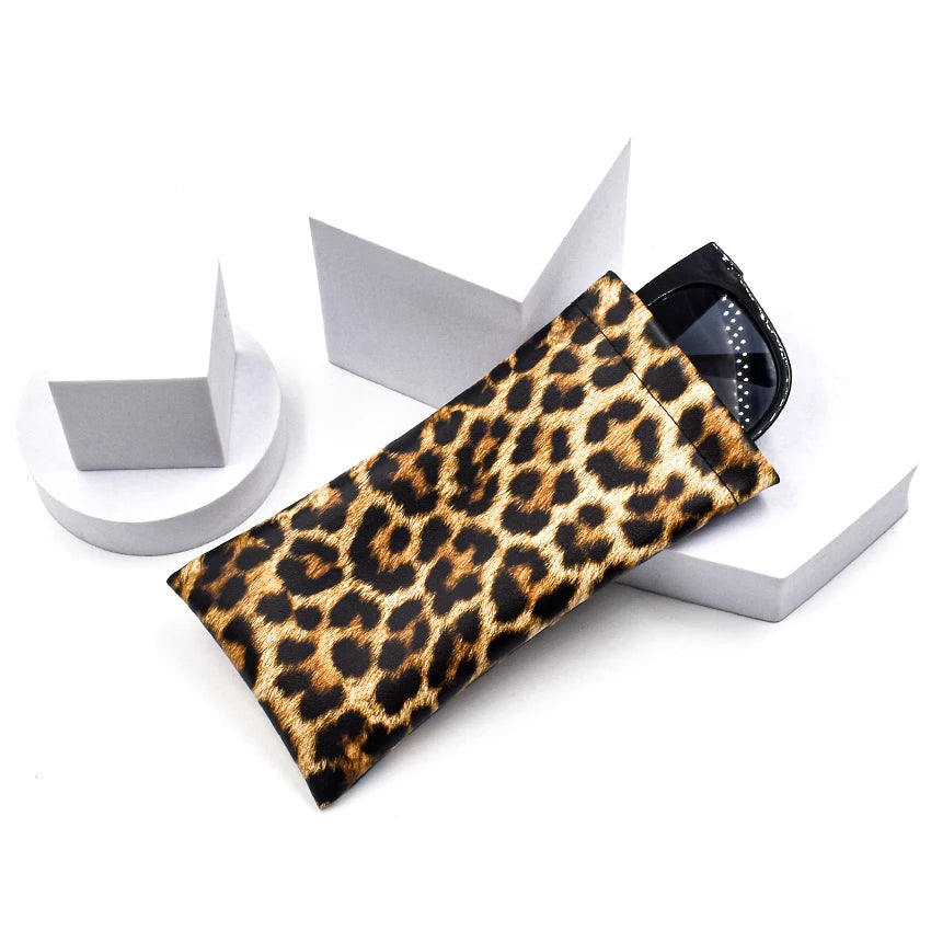 Leopard Print Sunglasses Pouch Top Squeeze Sunglasses PU Leather Eye Glasses case with Cleaning Cloth