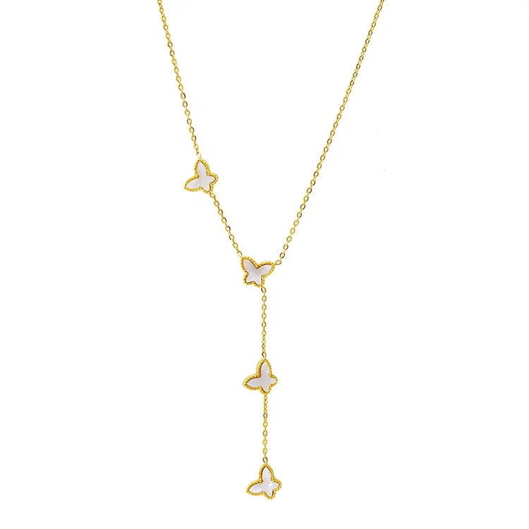 New Design Simple Fashion Jewelry Set Stainless Steel Gold Plated White Fritillary Butterfly Pearl Tassel Woman Necklace
