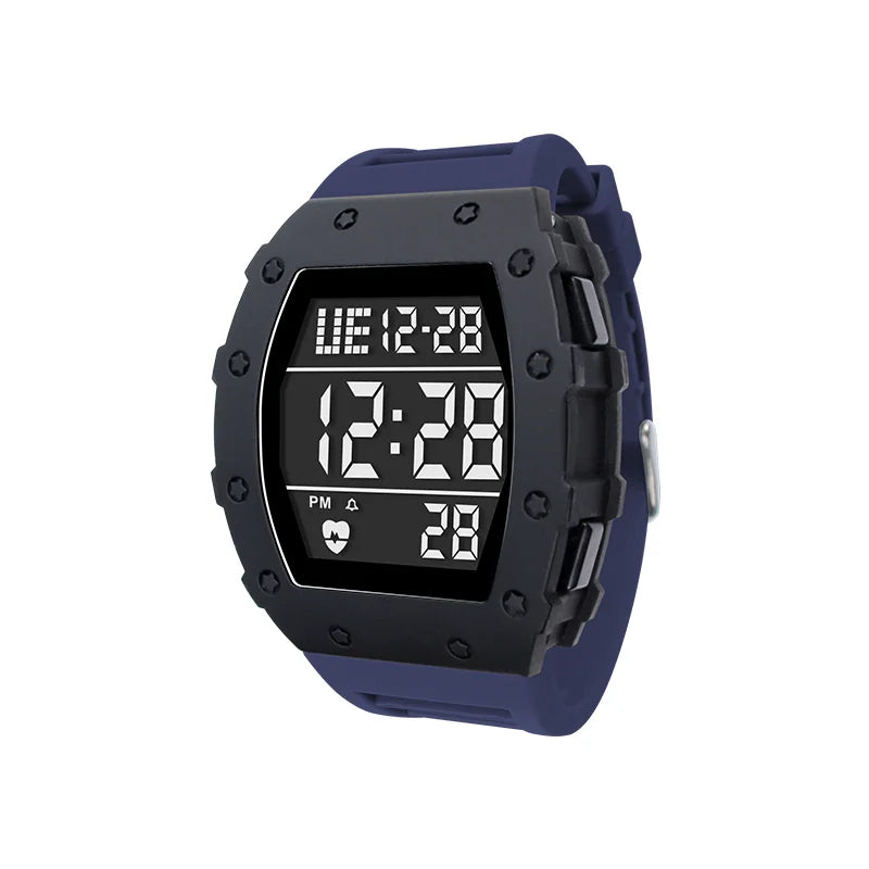 Children's Black Square Electronic Digital Watch with Luminous Week Display and Water-Resistant LCD Movement Featuring Alarm