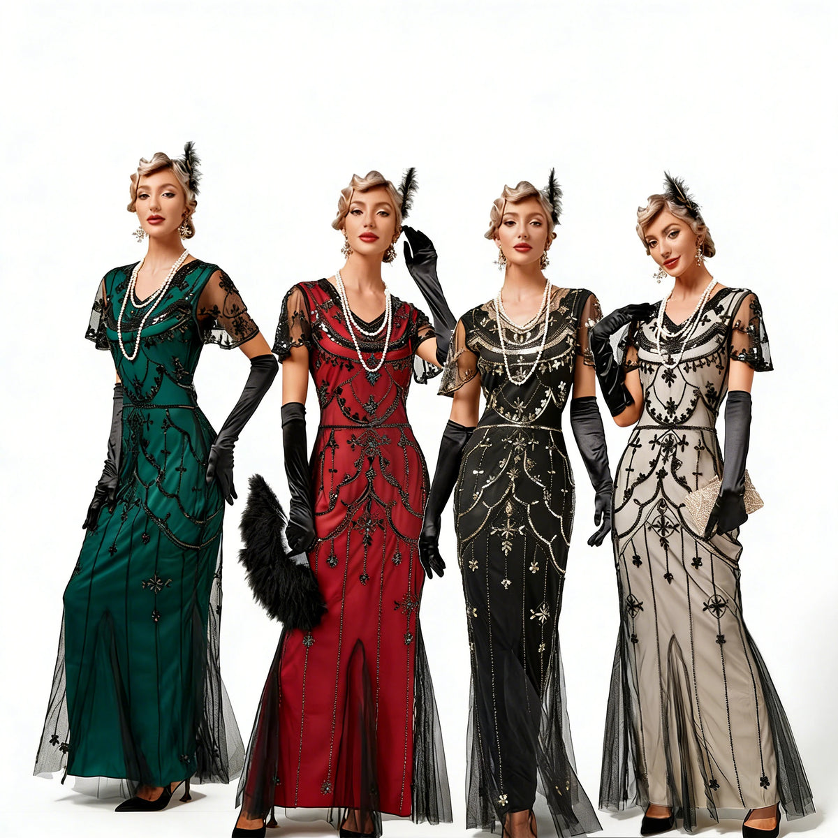 Women's Vintage 1920s Great Gatsby Maxi Party Dress Empire Waist Mermaid Flapper Gown V-Neckline Sequins Beads Breathable Mesh