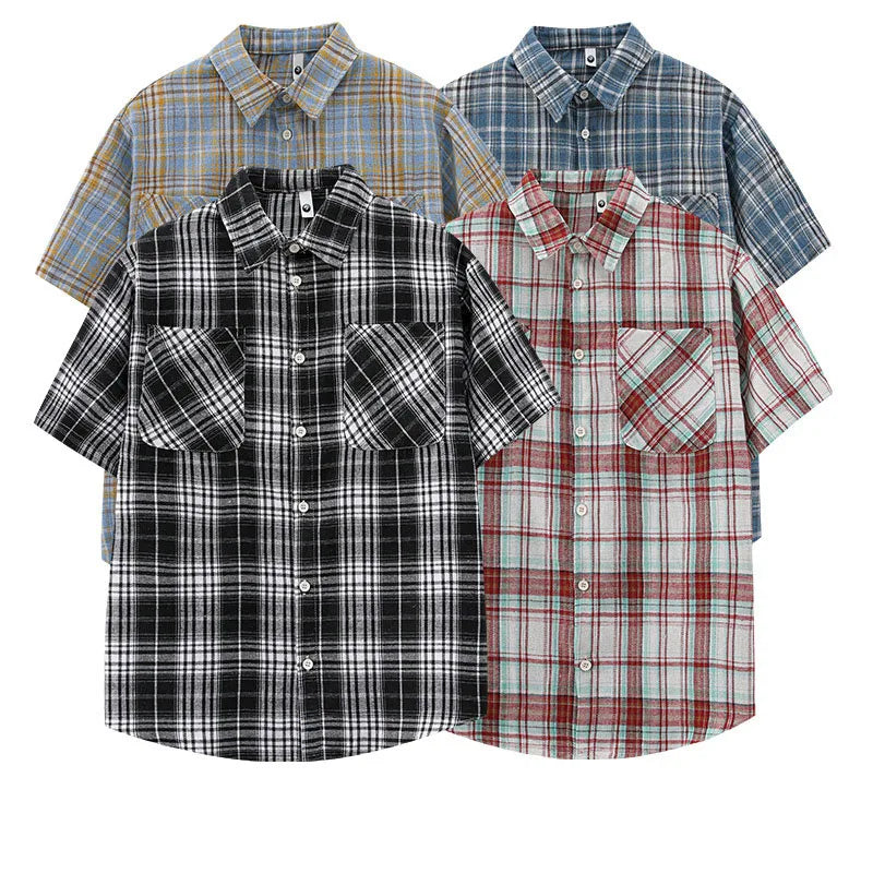 RNSHANGER New Plaid Short Sleeve Men's Summer Shirts Japanese Style Loose Cargo Shirt with Double Pocket Trendy Men's Shirts