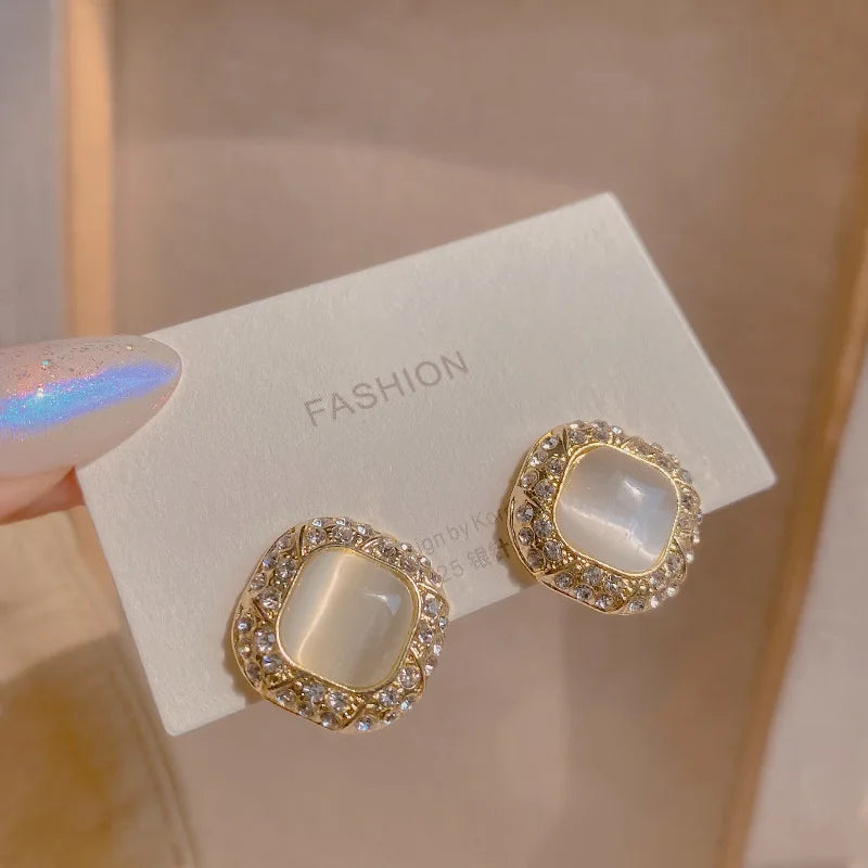 French Vintage Gold Filled Geometric Freshwater Pearl Stud Earrings Women